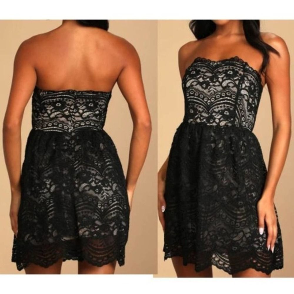 Lulus Women's Romantic Sweetheart‎ Neckline Black Lace Strapless Skater Dress